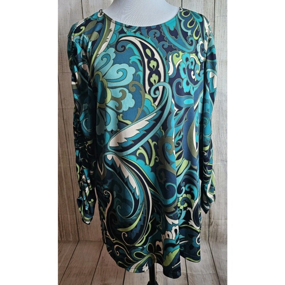 Susan Graver Womens XL Paisley Tunic Top Blue Green Long Sleeve Keyhole Back